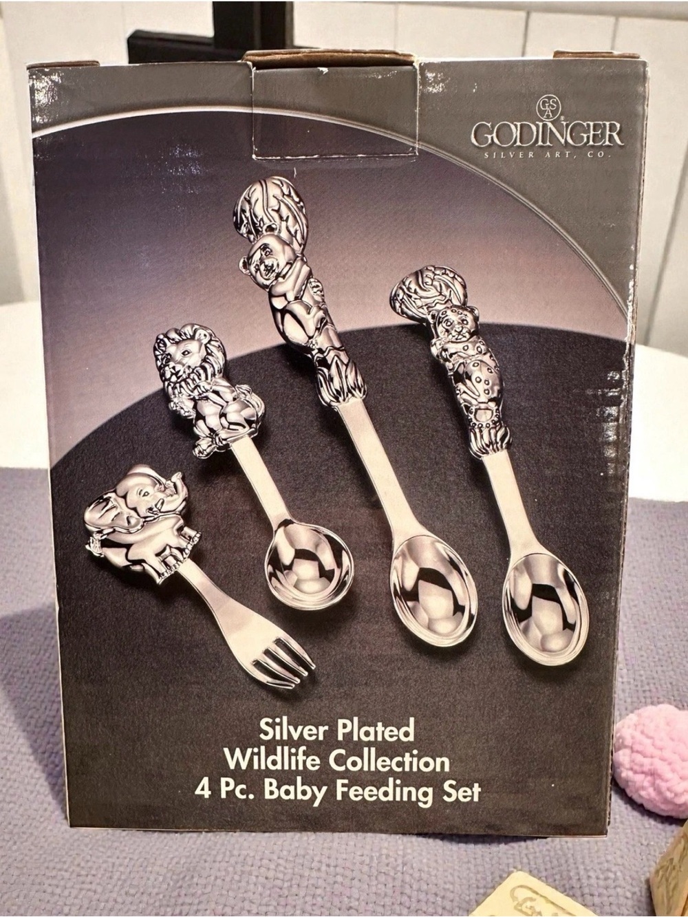 Vtg Godinger Silver Plated Wildlife Collection 4pc Baby Feeding Set NIB #8230
